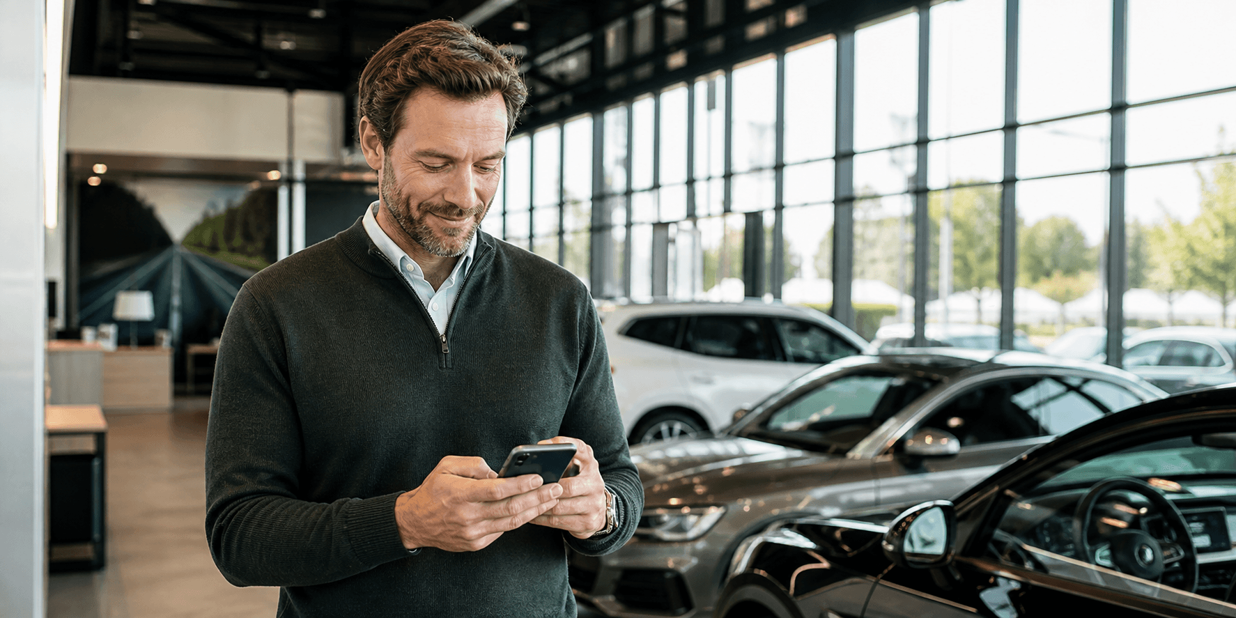 American car dealership owner responding to a customer on his phone