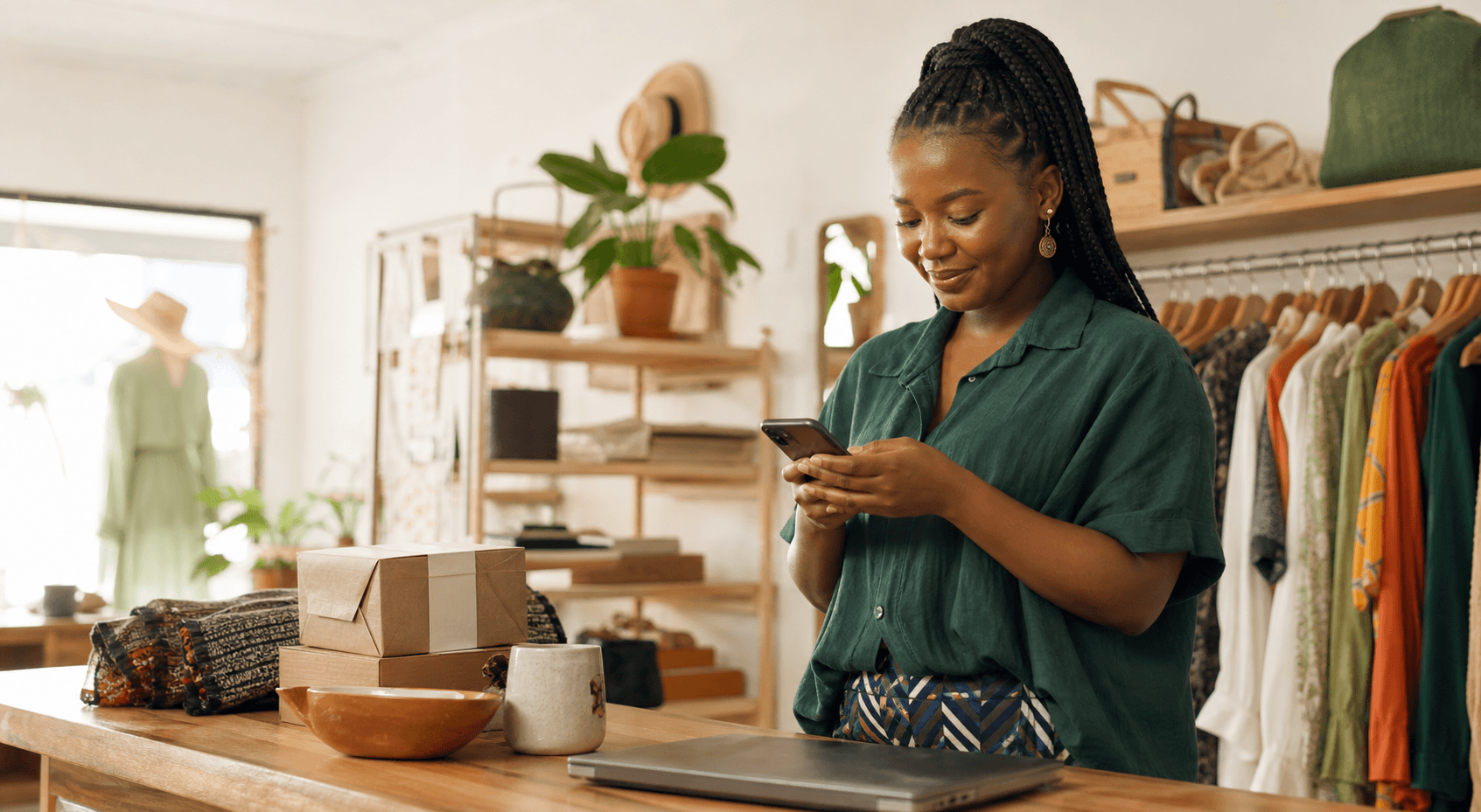 Small business owner responding to customer enquiries on her phone